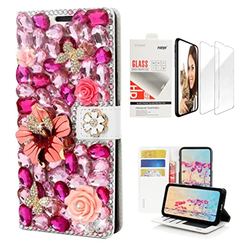 STENES Bling Wallet Phone Case Compatible with Samsung Galaxy Note 10 Plus - Stylish - 3D Handmade Flowers Butterfly Design Leather Cover with Screen Protector [2 Pack] - Red