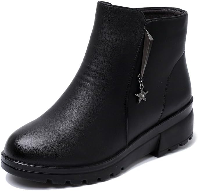 Womens Ankle Boots Chunky Low Heel Orthopedic Short Booties Comfortable Round Toe Winter Warm Fur Lined Snow Boots with Side Zipper