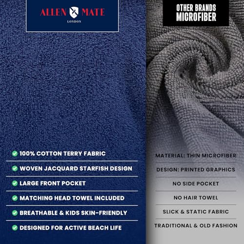 Image of ALLEN & MATE 100% Cotton Kids Hooded Surf Poncho Changing Robe, Quick Absorbent Wearable Swim Towel Boys & Girls, 6-13 Years