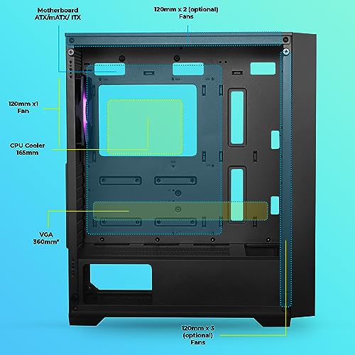 Image of ZEBRONICS Aurora Mid-Tower Premium Gaming Cabinet, ATX, 4 x ARGB Fan, LED Control Switch, Tempered Glass Panel, USB 3.0, 360mm Front or 240mm Top AIO Cooler Support with Top & Bottom Dust Filter