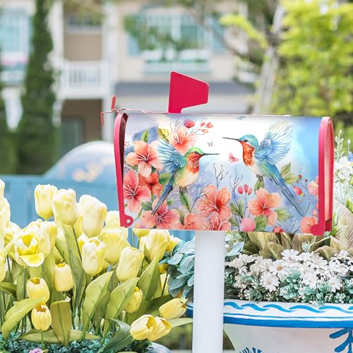 Image of Spring Summer Flowers Mailbox Covers Magnetic Large Size 25x21 Inch Spring Cherry Blossom Mailbox Cover Hummingbirds Mailbox Wraps Post Letter Box Cover Decoration for Home Garden Yard Outdoor Outside