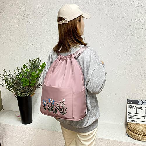 Image of Hitech Travel Drawstring Bag Waterproof Flower Print Fold able Embroidery Design Drawstring Backpack for Outdoor drawstring bag Foldable design (CHERRY BLOSSOM)