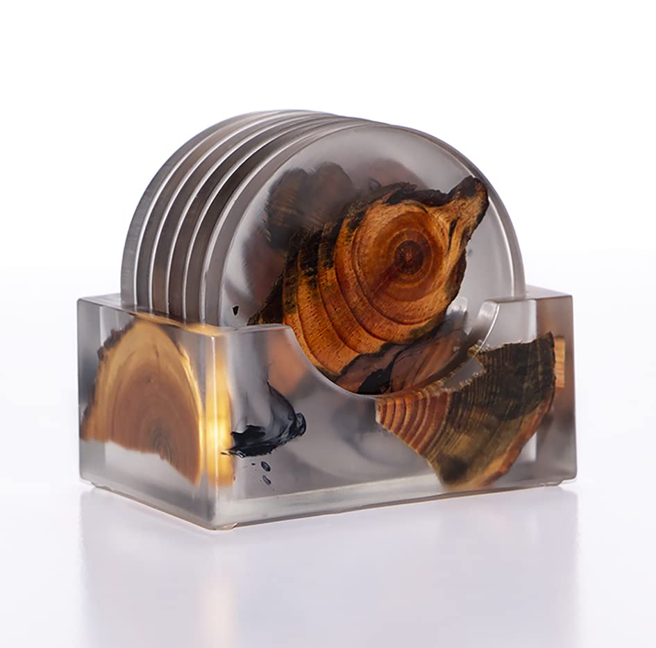 Asem’s Resin Drink Coasters - Coffee & Wine Table Drink Coaster, Set of 6 Pieces with Holder, Modern epoxy Wood Round, Classy & Decorative, Small Unique Gift for bar, Home & Kitchen Decor.