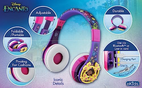 eKids Disney Encanto Kids Bluetooth Headphones, Wireless Headphones with Microphone Includes Aux Cord, Volume Reduced Kids Foldable Earphones