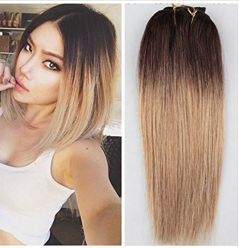 10 Inches Short Straight Full Head 100% Real Clip in Human Hair Extensions, Ombré Hairpieces 80grams ( Dark brown to ash blonde)