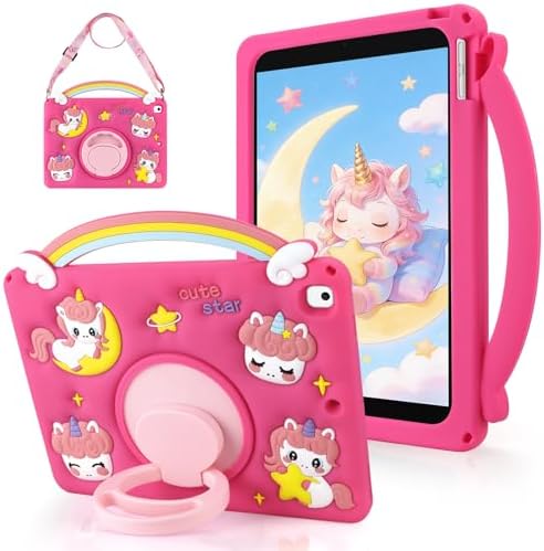 WESADN for iPad 9th Generation Case 10.2 inch for iPad 8th 7th Gen Case 2021 Girls Kids Cute Cartoon Rainbow Unicorn Tablet Cover with Strap Rotating Stand Handle for iPad 10.2 Cases, Rose Pink