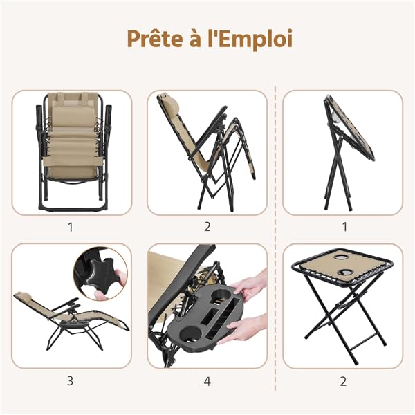 Yaheetech Lot de 2 Chaise Longue inclinable, avec Table Pliable Support de Gobelet, Chaise de Jardin Pliable en Textilène Chaise Longue, avec Rembourrage de Tête, Beige (Beige)