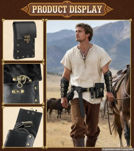 Image of 7PCS Renaissance Accessories - Medieval Belt, Viking Leather Bracers, Belt Pouch & Money Bag for Halloween Cosplay