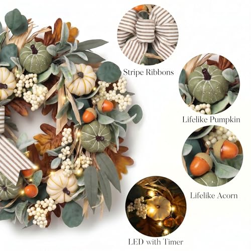 Valery Madelyn 20'' Fall Wreaths for Front Door with LED Lights