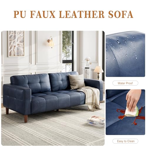Image of IDEALHOUSE 83 inch Blue Faux Leather Couch, 3 Seater Sofa Couches