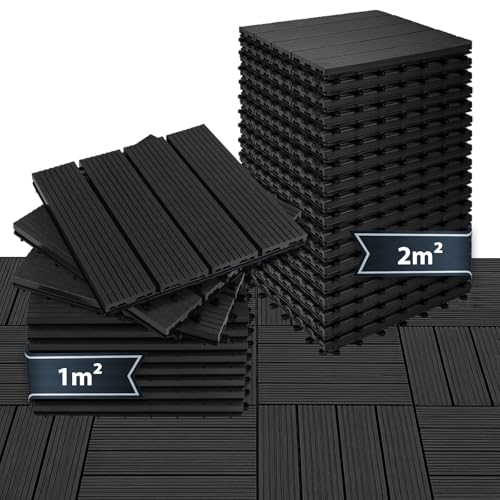 Montafox WPC Fliesen 30 x 30 cm 22 Stück / 2m² Anthrazit Terrassenfliesen Klicksystem Fliese Holzoptik Bodenbelag Klickfliesen Terrasse Balkon, Größe (Fläche):2 m² | 22 Fliesen, Farbe:Anthrazit