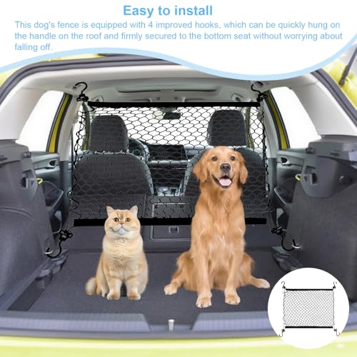 Junrvivy Hundegitter Auto Kofferraum Netz doppellagig, Kofferraumnetz Hunde, Kofferraum Trenngitter, Hundenetz Auto mit 4 Haken, Faltbares Aufbewahrungsnetz, Haustier Trenngitter 120x90 cm