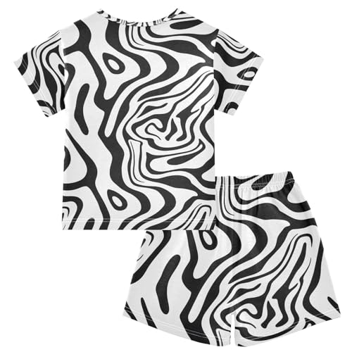 ALAZA Black White Zebra Print Striped Pajamas Set Short Sleeve Cotton Sleepwear Summer Pjs 2 Piece 5-14Y2