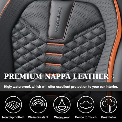 Image of Coverado Leather Seat Covers, Car Seat Covers Full Set, Nappa Leather Seat Covers for Cars, Car Seat Protectors Waterproof, 5 Seats Black&Orange Automotive Seat Covers Fit for Most Cars Trucks