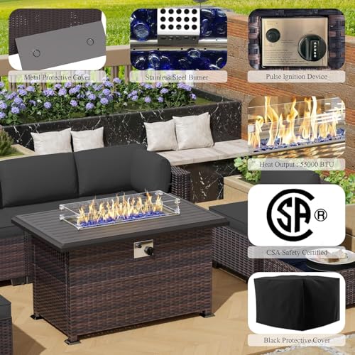 Image of 11 Pieces Outdoor Patio Furniture Set,Outdoor Sectional Furniture with 43 inch 55000 BTU Gas Propane Fire Pit Table,PE Rattan Wicker Patio Conversation Set,Swivel Rocking Chairs Set,Grey
