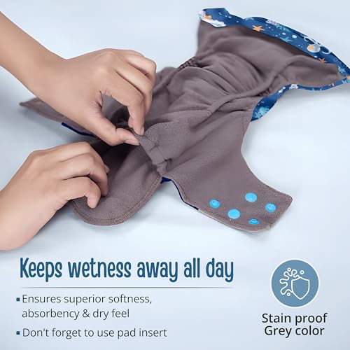 Image of LuvLap Reusable Baby Cloth Diaper, Double Leak Guard, High Absorption, Quick dry, Stain-Proof Comfort & Protection, 3m+, adjustable waist & height with snap buttons, Absorbent insert, Blue Stars