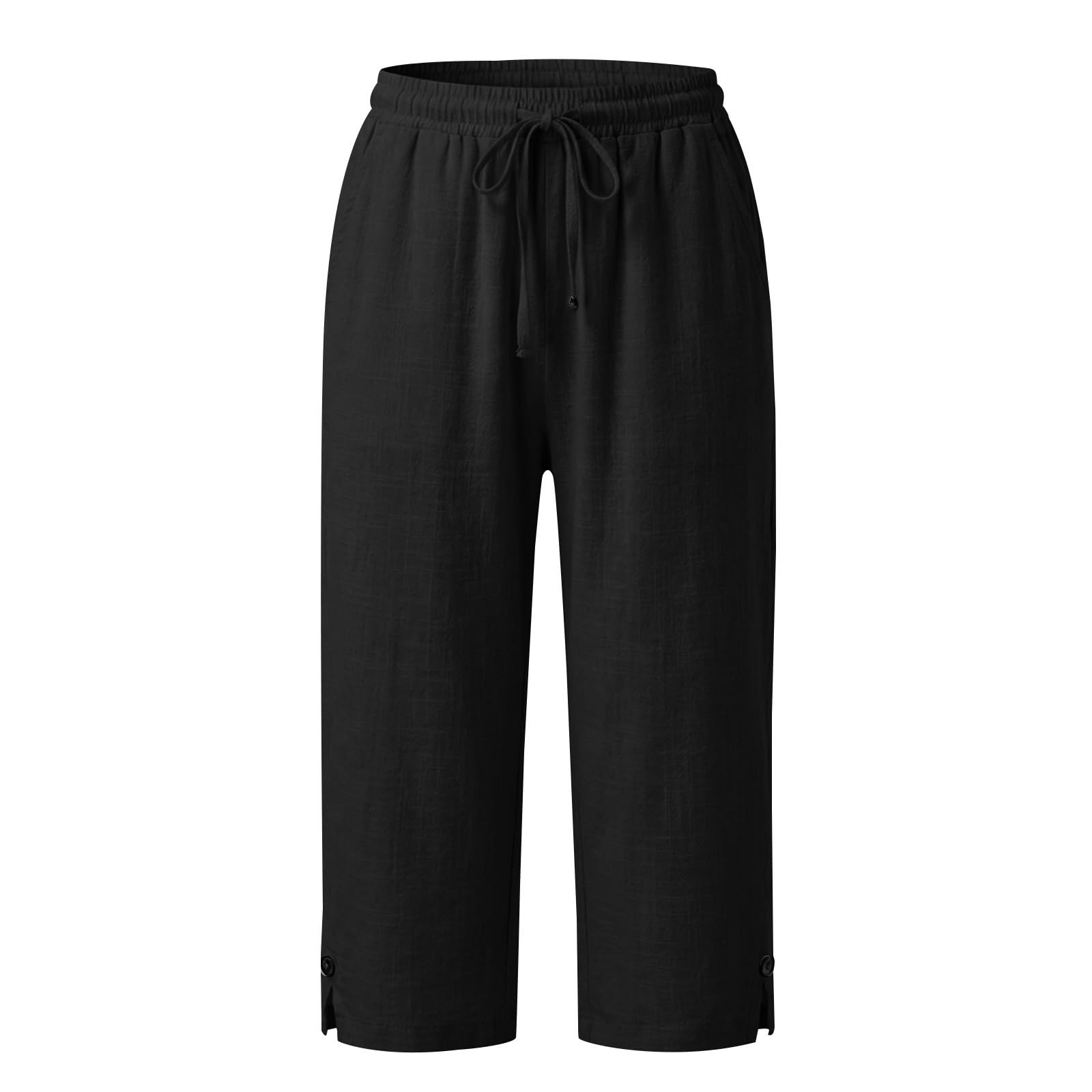 Pantacourt Femme Été Pantalon 3/4 en Coton et Lin Pantalon de Jogging Léger avec Poches Taille Élastique avec Cordon Bouton à la Cheville Pantalon de Sport Décontracté pour Yoga Randonnée