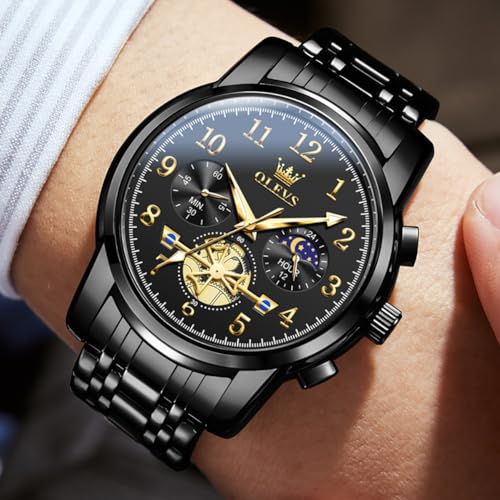 Image of OLEVS Men's Business Watch Gold Blue with Large Easy-Read Analog Quartz Date Display Luxury Stainless Steel Band Waterproof Luminous Hands