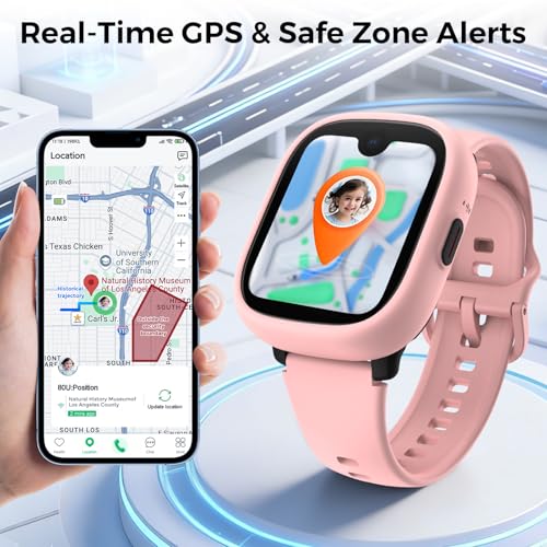 MIRO Kids Smart Watch with SIM Card Slot, GPS Tracker, Call & Video Call, Real-Time Location, Safe Zone Alert, Parental Control, School Mode, Gift for Boys Girls Age 3-15 (Pink)