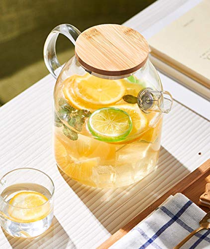Image of Borosilicate Glass 1.8 LTR Water Jug with Handle, Juice Beverage Carafe with Bamboo Lid, Big Glass Iced Tea Pitcher, 1 Pcs Set (Borosilicate 1.8 Liter Kettle)
