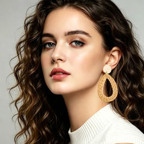 Image of 4 Pairs Handmade Raffia Rattan Bohemian Round Drop Dangle Earrings for Women, Boho Statement Cute Fun Hoop Earrings Set