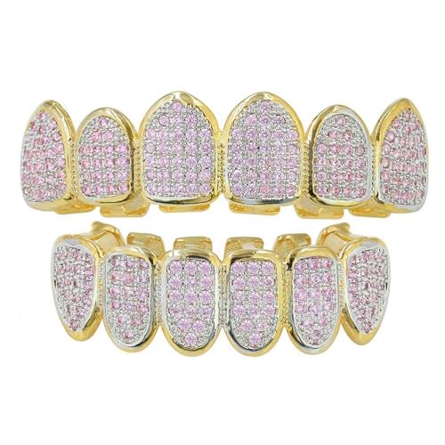 Grillz de seis dientes rosa microincrustado baño de oro 18k regalo estético de joyería