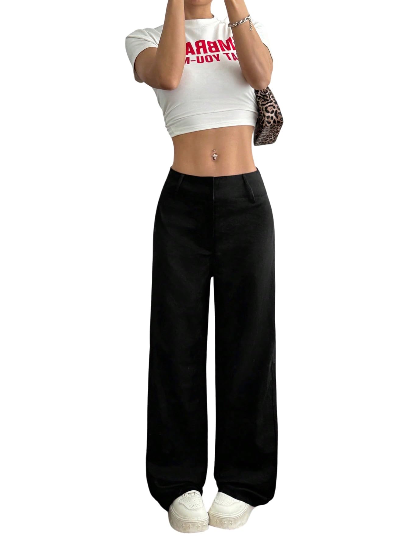 GORGLITTER Pantaloni da donna a gamba larga, eleganti, lunghi, a vita bassa, con chiusura lampo, per il tempo libero