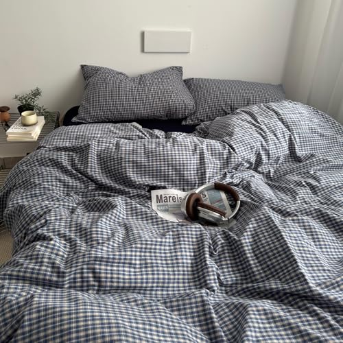 Image of EAVD Vintage Blue Plaid Gingham Duvet Cover Full Soft 100% Washed Cotton Reversible Grid Plaid Checkered Gingham Bedding Set with 2 Pillowcases Farmhouse Blue Plaid Duvet Cover with Zipper