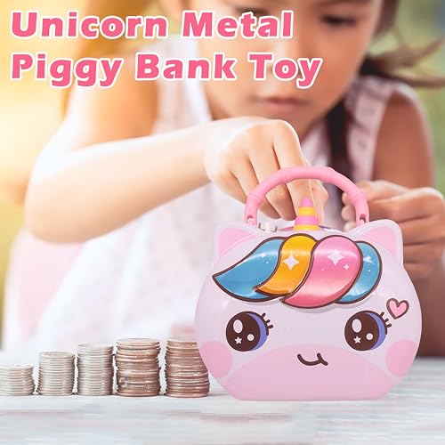 Image of VGRASSP Unicorn Theme Metal Piggy Bank Toy for Kids - Cute Money Safe with Lock and 2 Keys - Gullak Coin Box Gift for Boys and Girls - Color As Per Stock