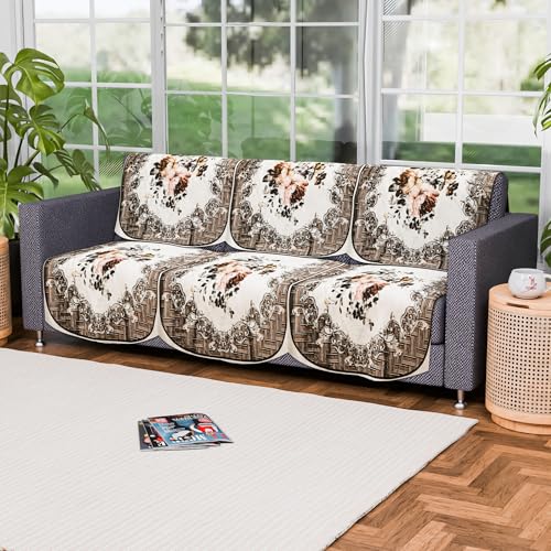 Image of Kuber Industries (Set of 6) Stylish & Durable Velvet Sofa Covers 3 Seater | Washable Sofa Protector /Mat | Suitable Slipcover for Living Room & Office | Check Border - Brown