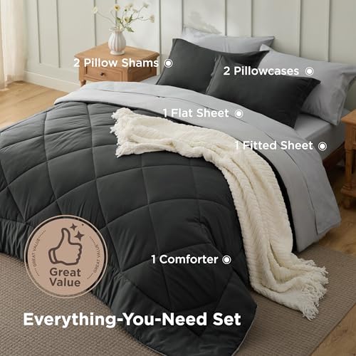 Image of Bedsure Charcoal Grey Queen Comforter Set - 7 Pieces Reversible Bedding, Queen Size Bed Set for All Seasons, Bed in a Bag with Down Alternative Comforter, Sheets, Pillowcases & Shams