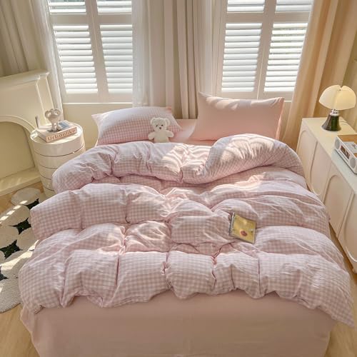 Image of mixinni Light Pink Gingham Duvet Cover Set Twin XL Size - 100% Washed Cotton 3 Piece Plaid Checkered Bedding Set, Soft Comfy Grid Farmhouse Comforter Cover with Zipper Closure & Corner Ties
