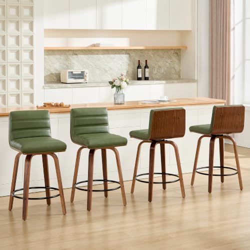 Image of Swivel Bar Stools Set of 6,26 inch Faux Leather Counter Height Barstools with Back,Mid Century Modern Upholstered Bar Chairs with Bentwood Legs Island Stools for Kitchen Counter Green