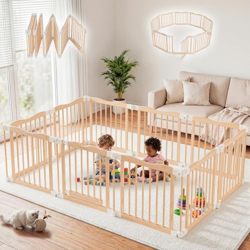 Image of Foldable Wooden Playpen - Adjustable Wood Baby Play Yard with Door, Indoor Large Safety Fence for Babies and Toddlers - Easy Assembly, 79 x 53 x 24 inches, Nature Nest