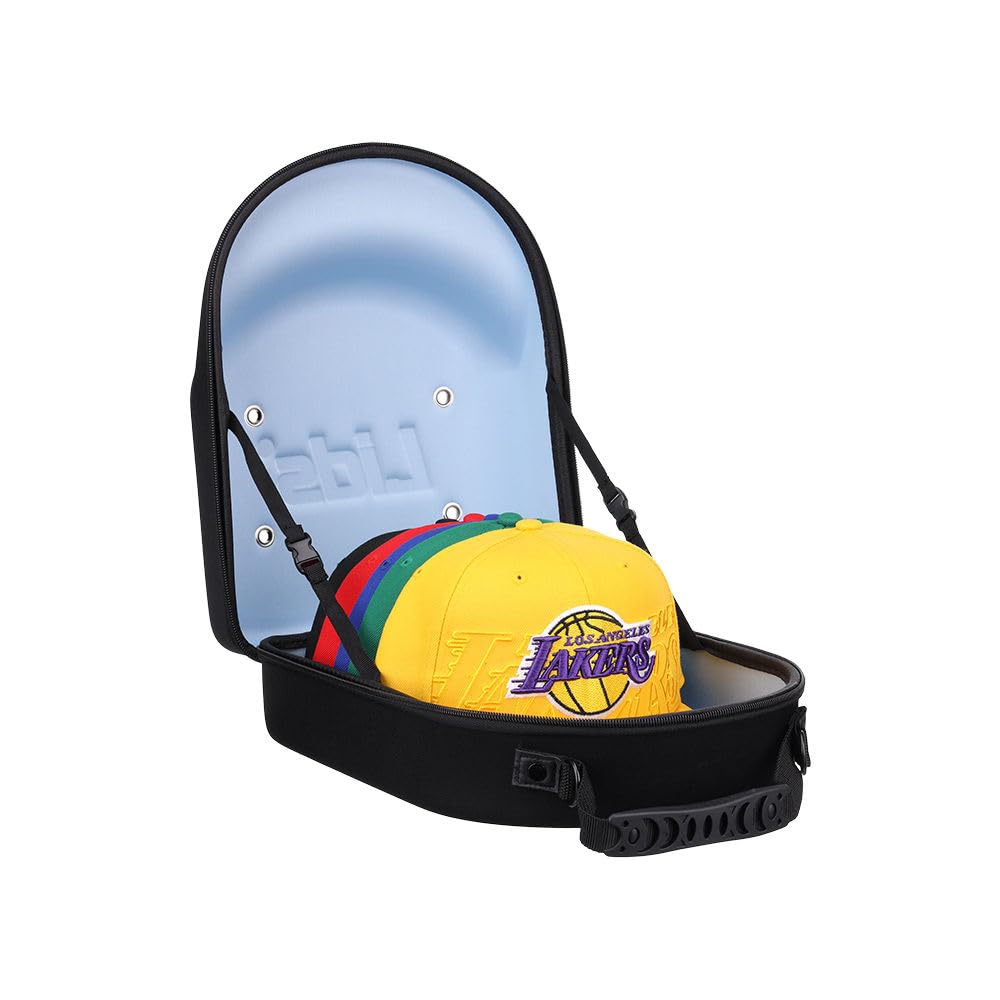 LidsHat Travel Case – Baseball Cap Carrier for 6 Hats, Durable Black Exterior with Light Blue Interior, Storage with Handle & Adjustable Shoulder Strap, Hard Hat Organizer for Travel & Closet