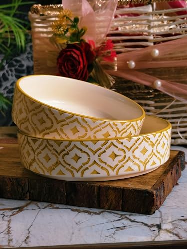 Image of Niyara Stoneware Handmade Ceramic Stylish Premium Bowls Serving Bowls Microwave Dishwasher Safe (Golden Salad Set of 2)