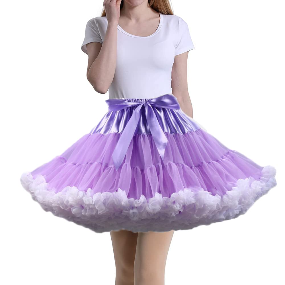 Tmade Women's Tulle Petticoat Tutu Party Multi-Layer Puffy Cosplay Skirt, PurpleWhite, Length 40cm, Waist 56-100cm