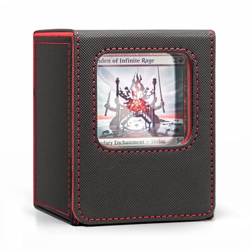Venssu MTG Deck Box with Front-Facing Commander Display, Card Deck Case Fits 100 Single Sleeved Cards, PU Leather Magnetic Tcg Storage Box with 2 Dividers and 100% UV Protect Mini Snap (Black and Red)