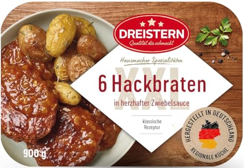DREISTERN Hackbraten 900g – 6 Stück in würziger Zwiebelsauce – Herzhaftes Fertiggericht in Mikrowellenschale, lange haltbar & schnell serviert in Hausmacher Qualität