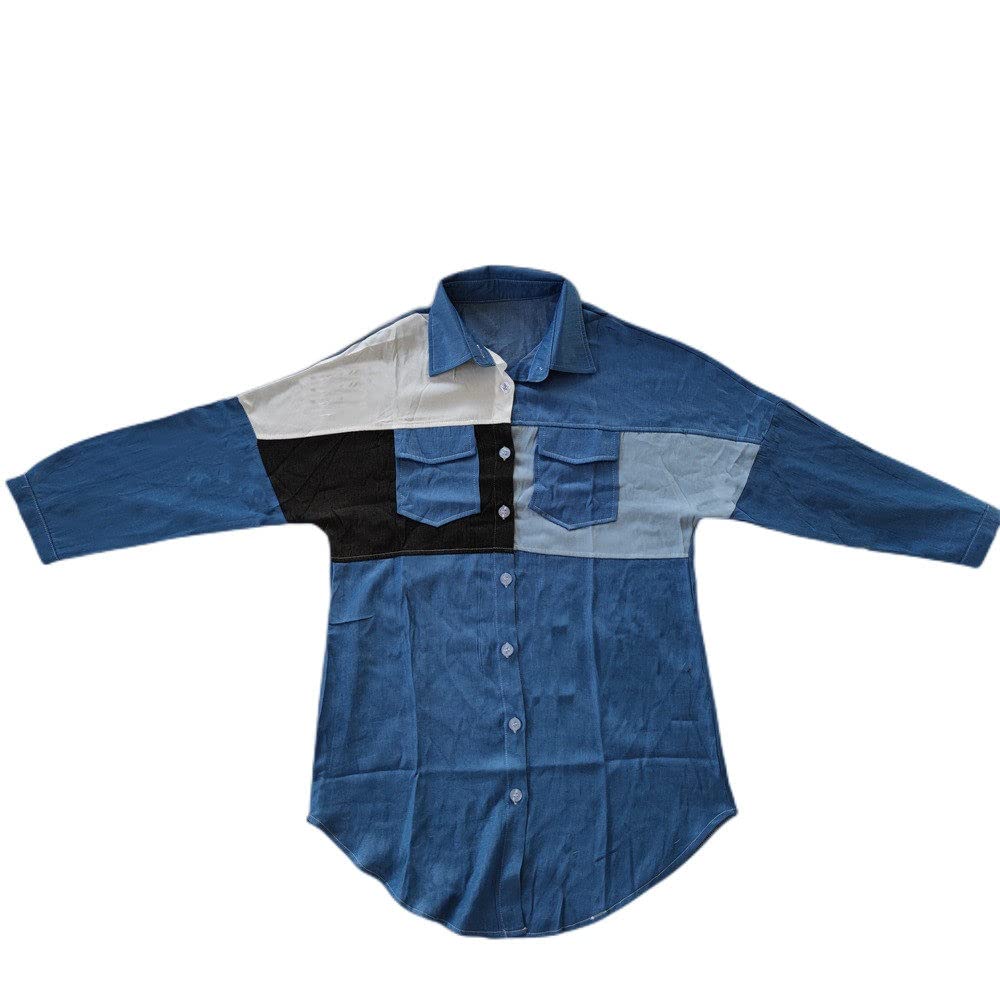 MIDJ Damen-Hemd Mit Knopfleiste,Damenmode Patchwork Asymmetrische Jeansblusen Hemd Langarm Lässige Knopfhemdjacke Blaue Reversblusen Tunika Leichtes Jeans-Sweatshirt Für Mädchen