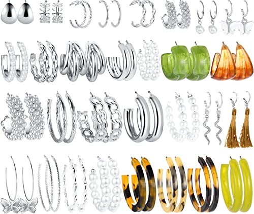 30 Pairs Gold Earrings Set For Women Girls, Fashion Pearl Chain Link Stud Drop Dangle Earrings Multipack Statement Earring Packs, Hypoallergenic Earrings For Birthday Party Christmas Jewelry Gift (3-Silver-30 Pairs) #TOP2