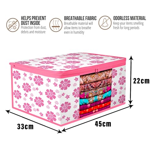 Image of Kuber Industries Zip Closure Saree Cover Bag | Clothes Storage Bag | Wardrobe Organiser | Transparent Window| Flower-Design | 9 inch | Pack of 3 | Pink