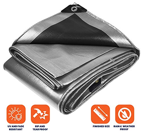Image of Extra Heavy Duty 14 Mil Tarp Cover, Waterproof, UV Resistant, Rip and Tear Proof, Poly Tarpaulin with Reinforced Edges for Roof, Camping, Patio, Pool, Boat (Silver /Black 12′ X 12′)
