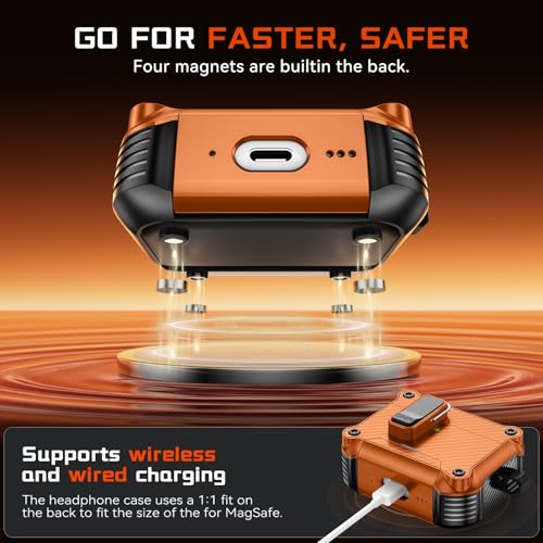 Image of Inesore for AirPods AirPods Pro 1st /2nd Case with Secure Lock (Orange) | Phone Stand Design,Compatible with MagSafe,Automatic Snap Switch Secure Cover Carbon Fiber Texture with Cleaner Kit