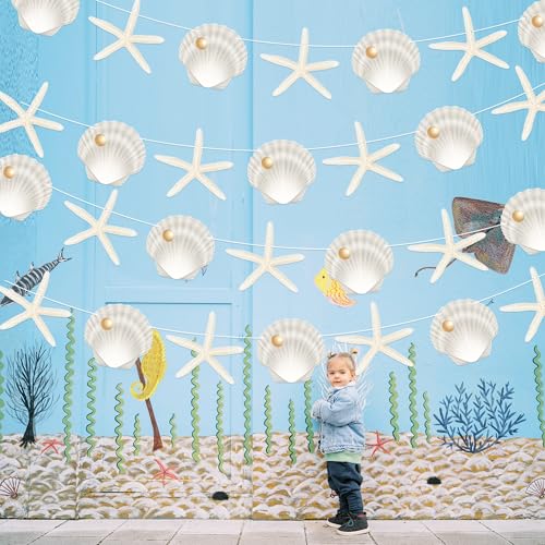 Image of Starfish Sea Shell Banners 4PCS Coastal Beach Party Decorations Nautical Shells Cutout Banners Ocean Starfish Decorations for Under the Sea Summer Baby Shower Party Supplies