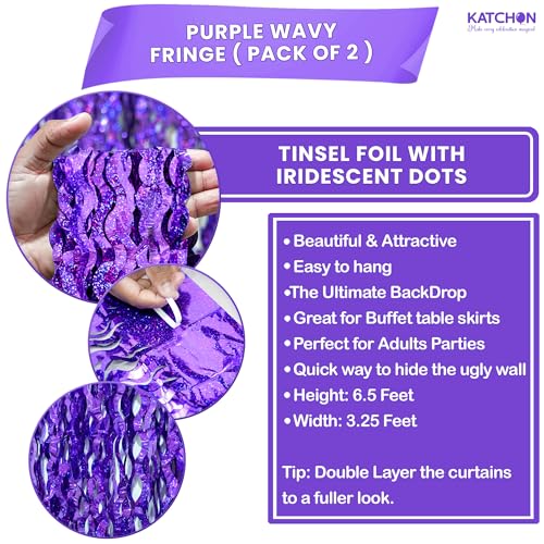 Image of 2 Pack Wavy Purple Fringe Backdrop - 3.2x6.5 Feet | Purple Foil Fringe Curtains for Mermaid Birthday Decorations | Fringe Backdrop for Baby Shower | Unicorn, Mermaid Party Decoration, KatchOn