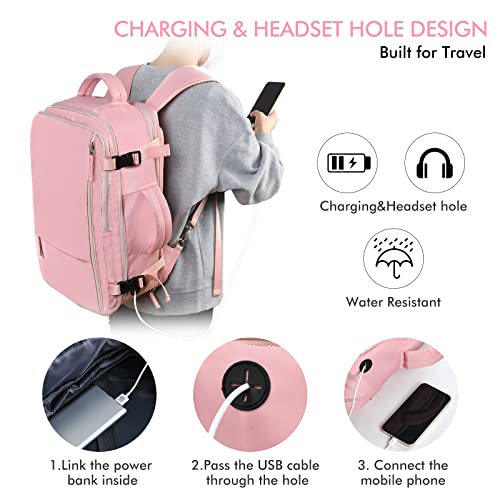 Beraliy Large Travel Backpack For Women, Airline Approved Carry On 17.3'' Laptop Backpack, Waterproof Durable Outdoor Daypack Personal Item Bag For College School Weekender Business Hiking, Pink #TOP3