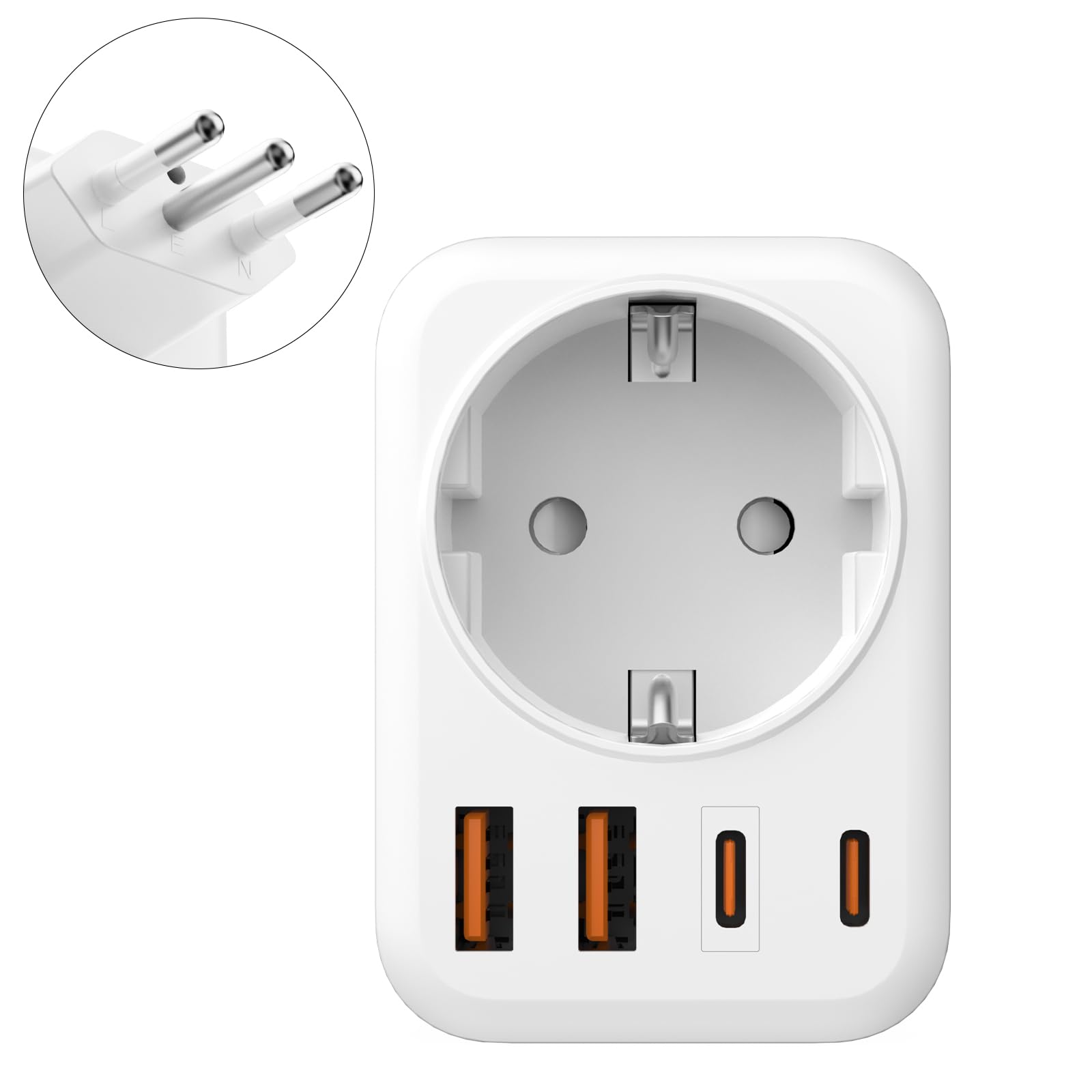 5 en 1 Adaptateur Prise Italienne vers France, Adaptateur Prise Italienne, 2 USB C, 2 USB A, Europe FR 2 Broches vers US 3 Broches, pour Italie, Chili, Maldives, Saint-Marin, Vatican,Type L