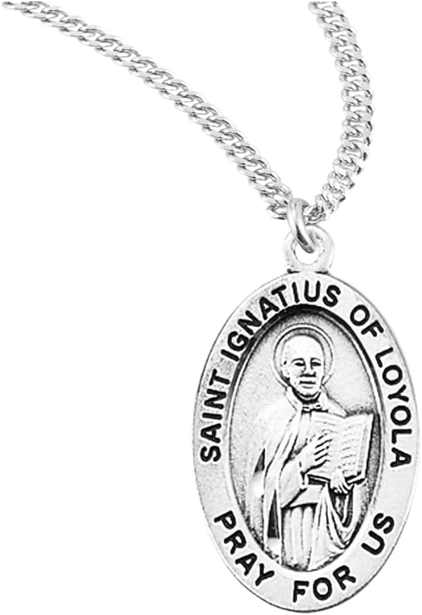 Sterling Silver Oval Saint Medal Pendant Necklace, 20" Rhodium Plated Stainless Steel Chain, Made in USA- Deluxe Velvet Gift Box Included