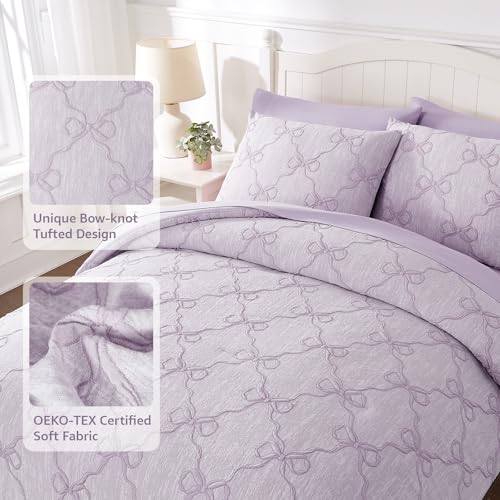 Image of Full Size Comforter Sets with Sheets for Girls-7 Pieces Bow Bed in A Bag | Soft Jacquard Full Size Bedding Sets with Light Purple Comforter, Pillowcases & Shams, 76 inch X 86 inch